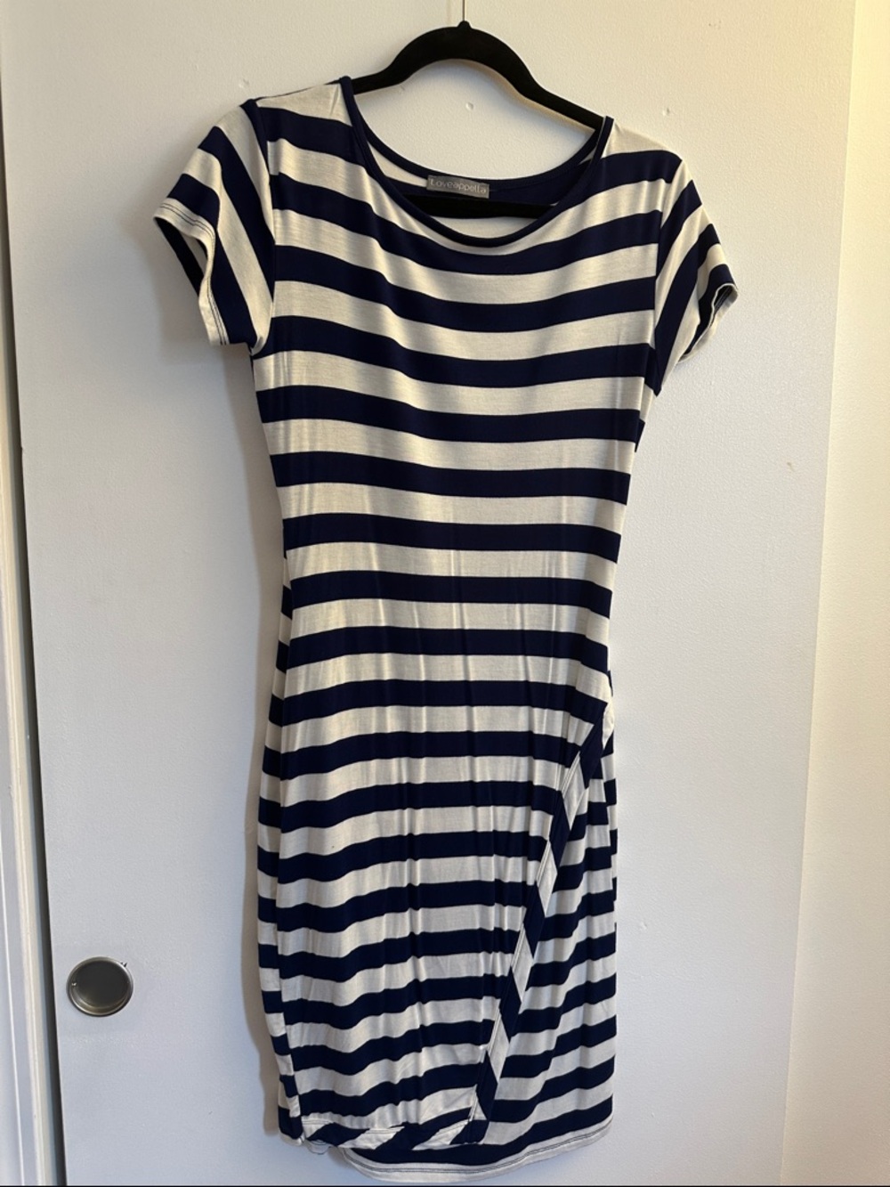 Loveappella Navy and White Striped Short Sleeve Mini Dress